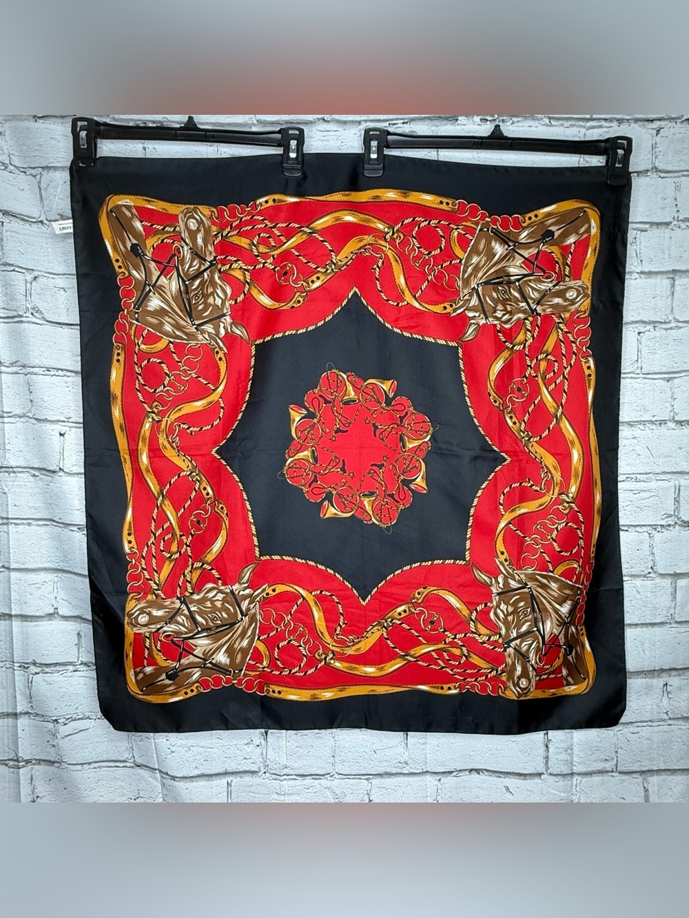 Equestrian Scarf Black Red Horse Derby Bridle Western Cowgirl Old Money 30x31